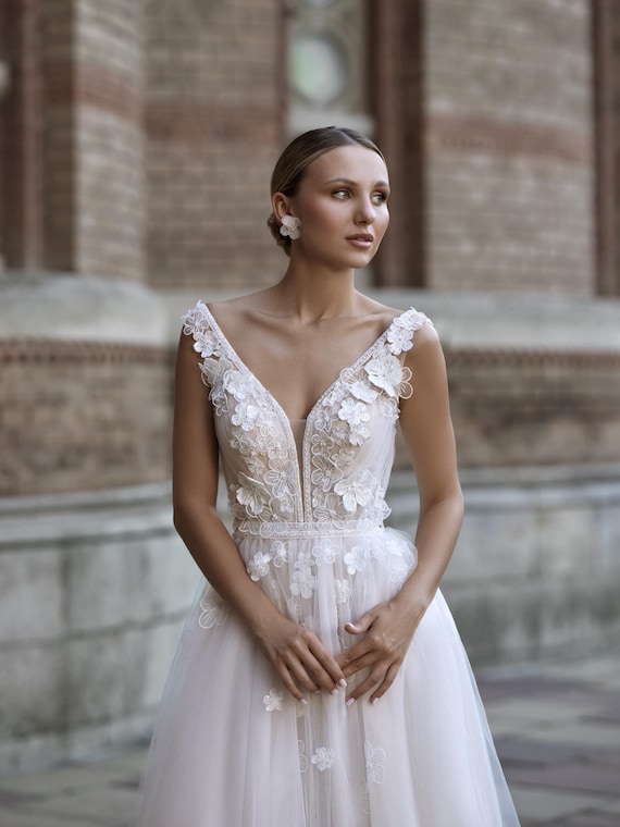 Romantic A-line Wedding Dress, 3D Lace Floral Bridal Gown, Tulle Skirt With Train, Embroidered Straps Wedding Dress, Bohemian Bridal Gown - Etsy Israel Romantic A-line Wedding Dress, 3D Lace Floral Bridal Gown, Tulle Skirt With Train, Embroidered Straps Wedding Dress, Bohemian Bridal Gown - Etsy Israel