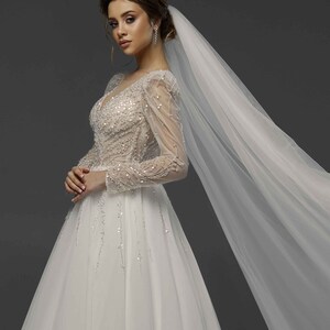 Wedding Dress with Classic Long Sleeve, A-Line Bridal Gown, Plunging Neckline Wedding Dress, Boho Wedding Dress, Elegant Wedding Dress image 10