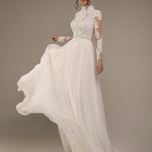 Boho Lace Wedding Dress, Long Sleeves Bridal Gown, High Neck Chiffon Dress, Handmade Maxi Bridal Gown, Fluttering Wedding Gown, Custom Size