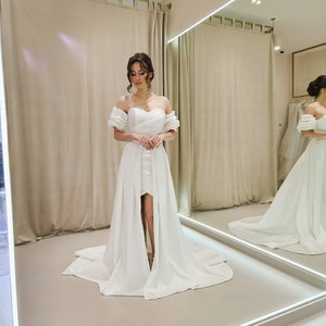 Short Wedding Dress with Detachable Long Train, Draped Corset Bridal Dress, Mini Wedding Dress, Minimalist Wedding Dress Removable Sleeves image 7