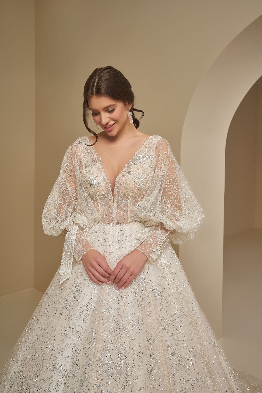 Glitter Tulle Princess Wedding Dresses A Line Bride Dress Side Split Pleats Wedding Gowns main image 1