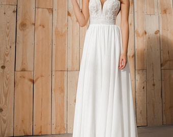 Elegantes Klassisches Brautkleid,Rücken mit Knöpfen,Spitzenappliaktion,V-Ausschnitt, Strandhochzeit, Schlichtes Chiffon Brautkleid