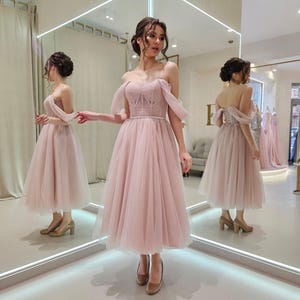 Off Shoulder Powder Midi Dress, Soft Pink Tulle Dress, Fairy Prom Dress, Tea Length Romantic Dress, Open Corset Gown, Homecoming Party Dress