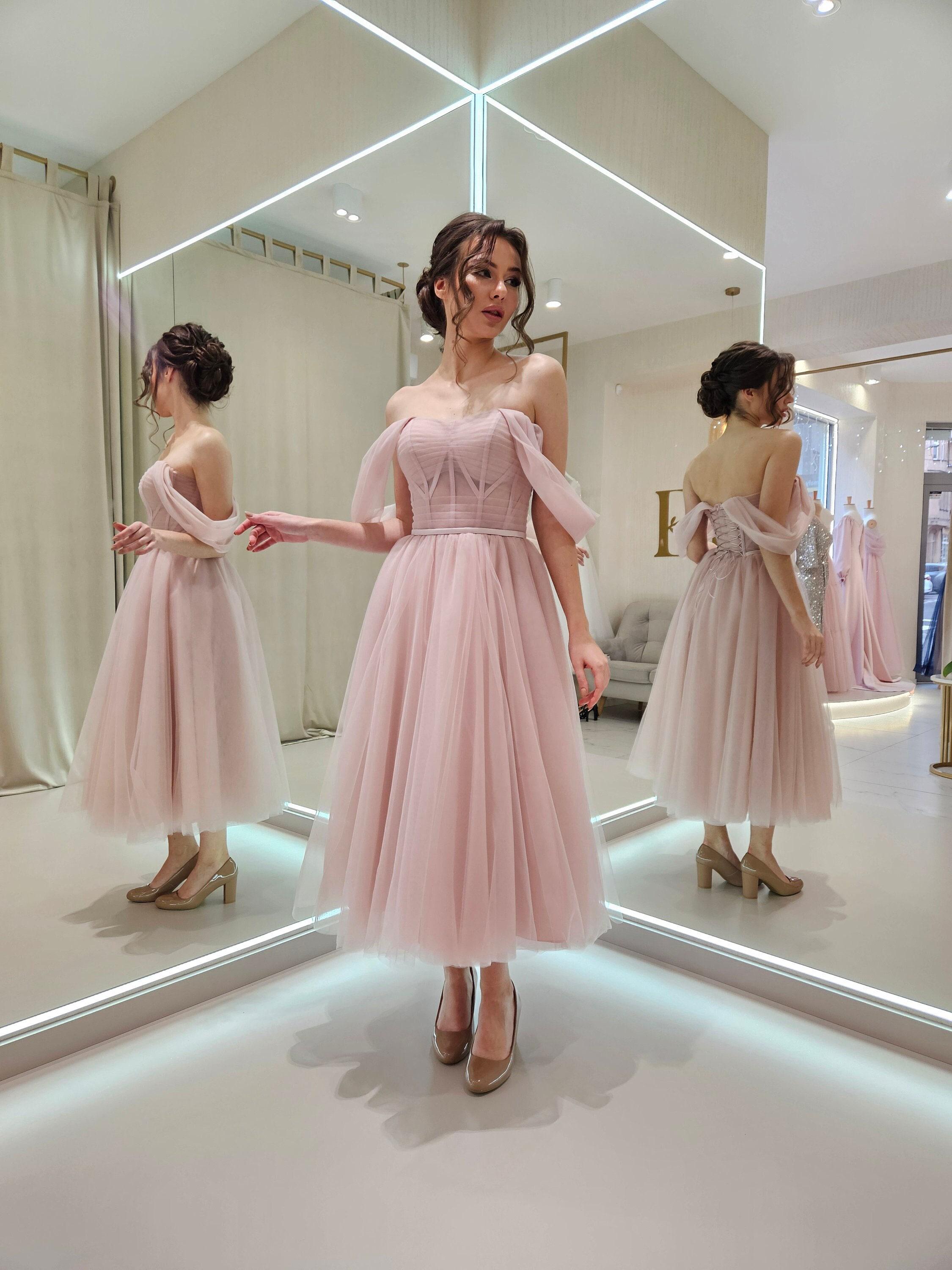 Off Shoulder Powder Midi Dress, Soft Pink Tulle Dress, Fairy Prom