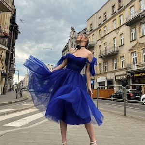 Blue Wedding Dress, Tulle Bridesmaid Dress, Party Dress, Open Shoulders Prom Dress, Midi Cocktail Dress, Tea Length Dress, Graduation Dress