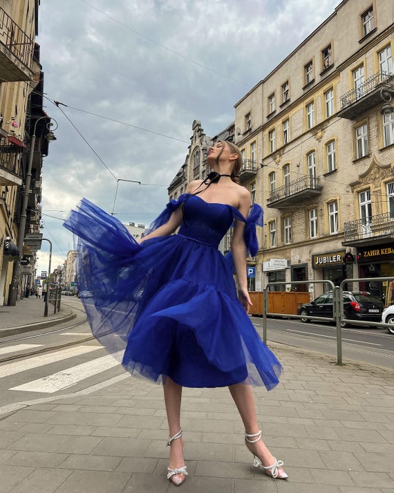 women's blue christmas dress Royal Tulle Dress, off Shoulder Cocktail Party Dress, or New Year Outfit, Bridesmaid Dress, Elegant Midi for Women Calf Width:50cm _okendo:syndication_key:CL136274061 comfortable to wear Navy Beaded Mini Hoco Navy