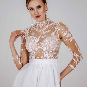Wedding Dress with Transparent Flower Top, Semi Sheer Dress with Neck, Long Lace Sleeves, Delicate Dress with High Slit, Sexy Bridal Dress