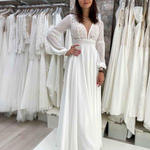 Bridal Simple Wedding Chiffon Dress Long Sleeve, Boho Lace Ivory Dress, Wedding Beach Dress, Bohemian Bridal Dress, Plus Size Bridal Gown
