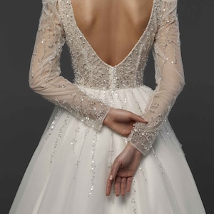 Wedding Dress with Classic Long Sleeve, A-Line Bridal Gown, Plunging Neckline Wedding Dress, Boho Wedding Dress, Elegant Wedding Dress image 8