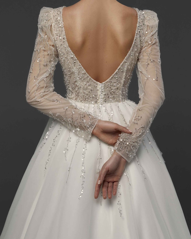 Wedding Dress with Classic Long Sleeve, A-Line Bridal Gown, Plunging Neckline Wedding Dress, Boho Wedding Dress, Elegant Wedding Dress image 8