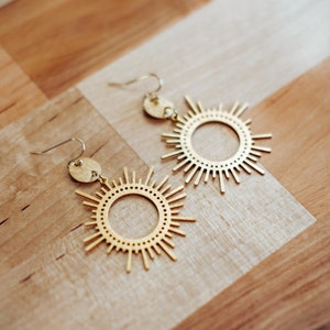 Sunburst Gold Statement Earrings, Boho Statement Earrings, Big Gold Earrings, Boho Bridal Earrings, Textured Dangle Earring, Gifts for Her image 1