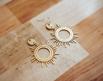 Sunburst Gold Statement Earrings, Boho Statement Earrings, Big Gold Earrings, Boho Bridal Earrings, Textured Dangle Earring, Gifts for Her