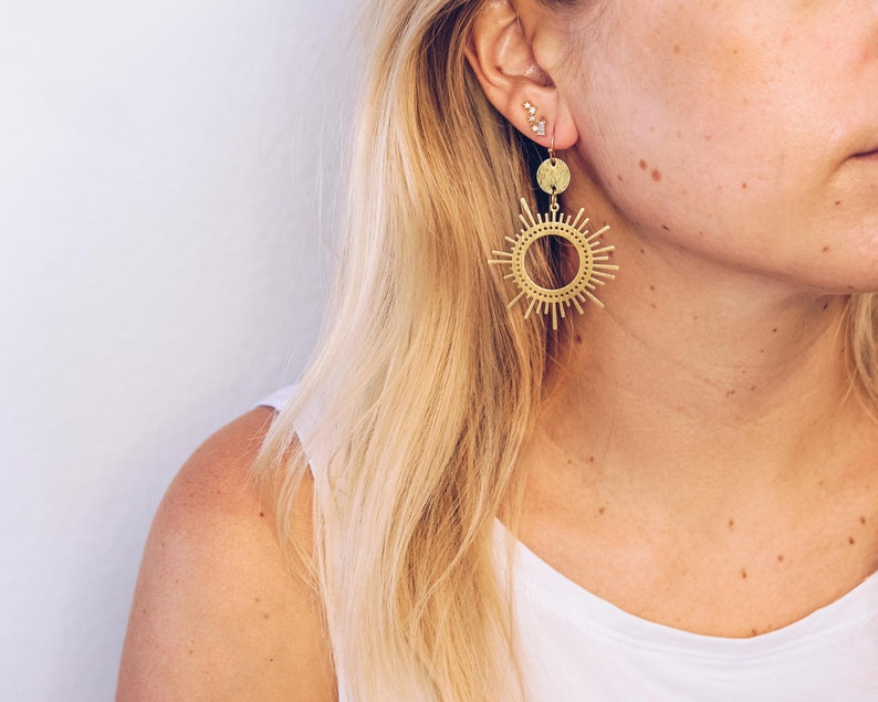 Sunburst Gold Statement Earrings, Boho Statement Earrings, Big Gold Earrings, Boho Bridal Earrings, Textured Dangle Earring, Gifts for Her image 2