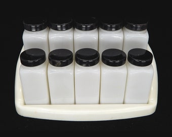 Vintage Set of Milk Glass Spice Jars with Rack