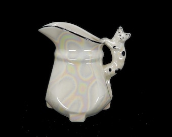 Vintage Iridescent White Pitcher with Cat Handle