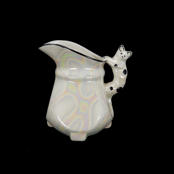 Vintage Iridescent White Pitcher with Cat Handle