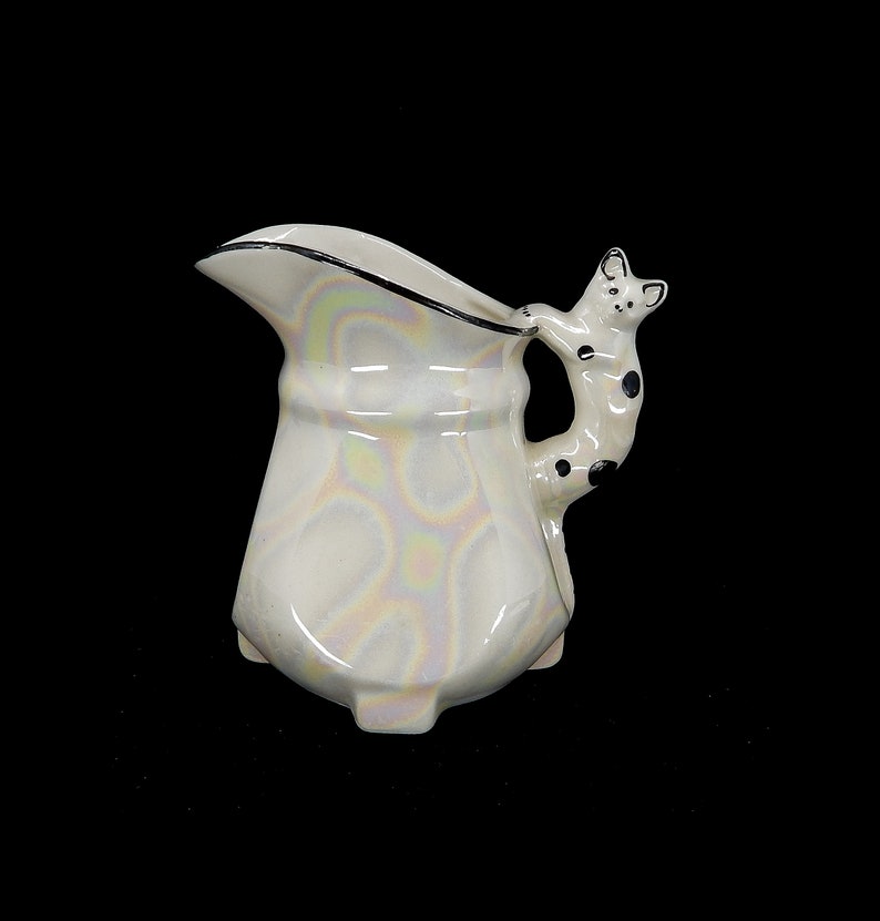 Vintage Iridescent White Pitcher with Cat Handle image 1