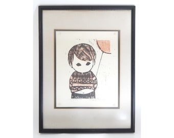Signed Margery Niblock Little Boy Red Woodblock Print