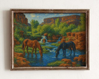 Pintura de vaquero occidental / Arte mural vintage / Arte de mediados de siglo / Pintura al óleo antigua / Impresión de paisaje occidental / Descarga digital imprimible