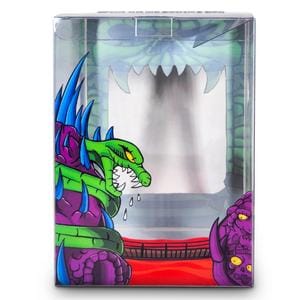 May include: A green and purple monster with sharp teeth and claws is featured on the front of a clear plastic box. The monster is in a fighting pose with its mouth open and its claws extended. The box is designed to hold a collectible figure.