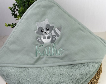 Hooded bath towel for babies and toddlers, eucalyptus, customizable, 100cmx100xm