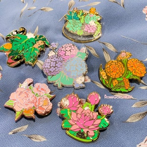 Hydrangea, Monstera, Succulent, Peony, Marigold, Water Lily Friendship Enamel Pins (1.5 - 1.85 inches)