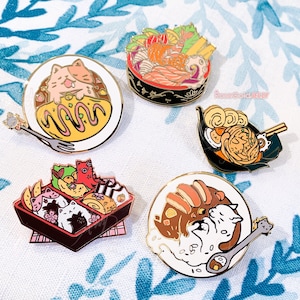 Japanese Food: Catsu Curry, Omurice Cat, Ramen Cat, Sushi Cat Bowl, Sakura Bento Box Enamel Pins (1.5 inches)