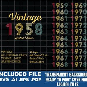 Bundle Vintage 1958-1978, Limited Edition, Birthday svg, distressed retro grunge cut files digital Downloads, for Men Women