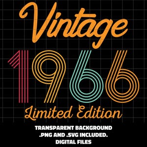 Könnte beinhalten: Digitales Design mit den Worten "Vintage 1966 Limited Edition" in Orange und Türkis. Die Zahlen sind mit Retro-Schriften stilisiert. Der Hintergrund ist schwarz mit einem Rastermuster. Der Text unten lautet "Transparent Background .PNG and .SVG included. DIGITAL FILES."