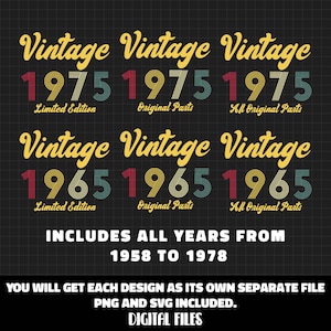 Vintage Birthday Bundle 1958-1978, Retro PNG SVG Cut Files (Digital Download)