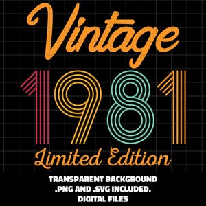 Pode incluir: Um design digital com as palavras "Vintage 1981 Limited Edition" em escrita laranja e letras de bloco. Os números são em várias cores, incluindo vermelho, amarelo e verde-azulado, em um fundo de grade preta. O design também inclui o texto "Transparent Background .PNG and .SVG Included. DIGITAL FILES."