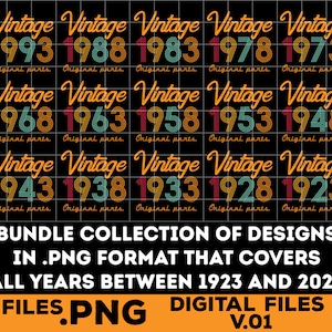 Bundle of Vintage Original Parts designs (1923-2023) in PNG format - Milestone Birthday Gift for Women/Men Birthday PNG