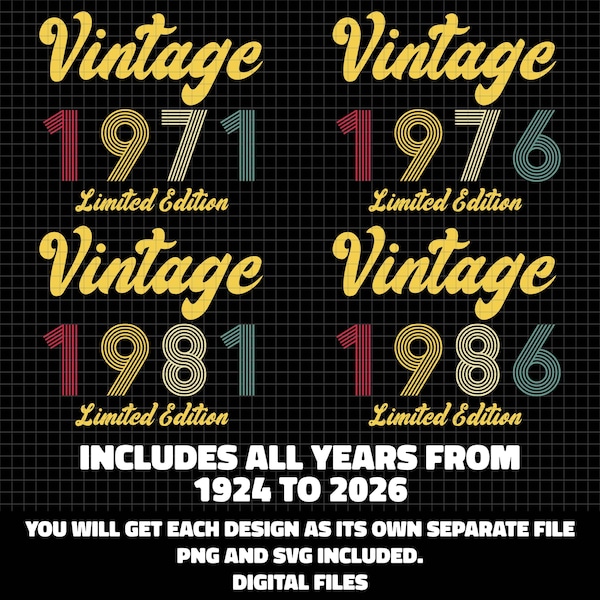 Vintage Birthday Bundle 1924-2026 – SVG & PNG Cut Files – Milestone Ages 30th 35th 40th 45th 50th 55th 60th 65th 70th 75th –Digital Download