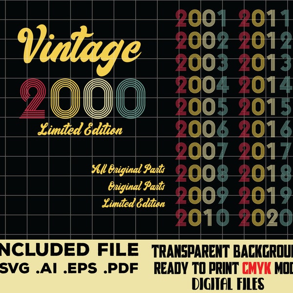 Bundle Vintage 2000-2020, Limited Edition, Birthday svg, distressed retro grunge cut files digital Downloads, for Men Women