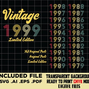 Bundle Vintage 1999-1979, Limited Edition, Birthday svg, distressed retro grunge cut files digital Downloads, for Men Women