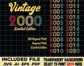 Bundle Vintage 2000-2020, Limited Edition, Birthday svg, distressed retro grunge cut files digital Downloads, for Men Women, png Transparent