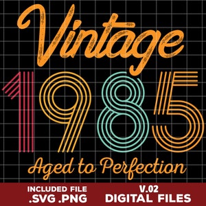 Peut inclure: Fichier de conception numérique Vintage 1985 Aged to Perfection en format SVG et PNG. Le design présente une police de style rétro avec l'année 1985 en rayures colorées.