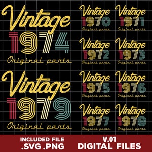 Bundle Vintage 1970-1979 original parts svg, Birthday svg, cut files digital Downloads, for Men Women, png Transparent