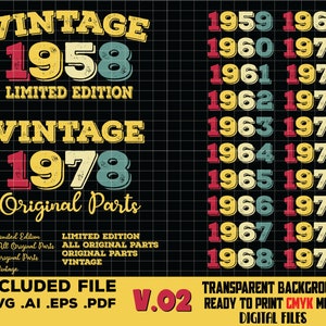 Bundle Vintage 1958-1978 original parts svg Limited Edition, Birthday svg, cut files digital Downloads, for Men Women