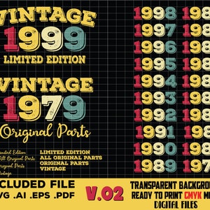 Bundle Vintage 1999-1979, Limited Edition, Geburtstag svg, beunruhigte Retro-Grunge-Schnittdateien digitale Downloads, für Männer und Frauen