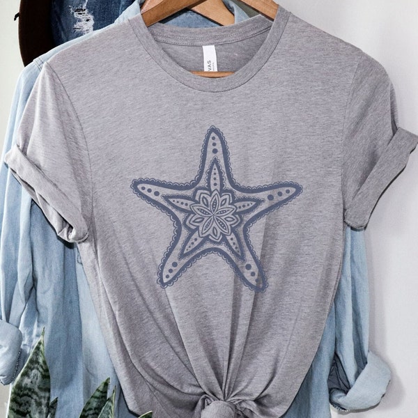 Starfish shirt Beachy Tee gray ocean animal design zentangle mandala t-shirt beach vacation tee seastar seashell trendy gift oversize summer