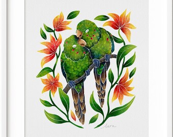 Green Parrots Floral Giclee Art Print, Jungle Birds Wall Decor, Tropical Artwork, Conure Lover Gift, Parrot Painting, Whimsical Bird Nursery