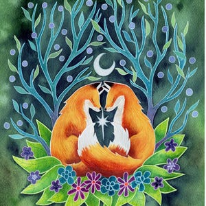 Soulmates – Celestial Foxes Watercolor Print, Whimsical Woodland Animal Wall Decor, Mystic Moon Fox Painting, Cottagecore Art, Forest Animal