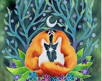 Anime Gemelle – Stampa ad acquerello di volpi celestiali, decorazione murale stravagante con animali del bosco, dipinto di volpe lunare mistica, arte cottagecore, animale della foresta