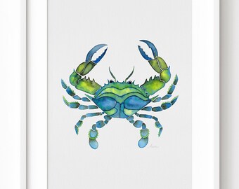 Crab Watercolor Art Print, Animal Surf Decor, Green Coastal wall art, Nautical beachhouse Giclee, Crab Painting, Ocean wall decor