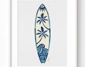 Surfboard Watercolor Art, Palm Trees Wall Decor, Hawaii Theme Artwork, Ocean Vibes Home Art, Giclee Beach House Print, Surfer Art Print