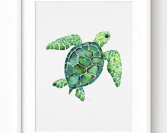 Green Sea Turtle Watercolor Art Print, Coastal Beach House Decor, Giclee Wall Artwork, Hawaii Beachy art, Ocean Painting, Turtle Lover Gift