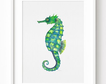 Seahorse Coastal Giclee Art Print, Hawaii Beach House Wall Decor, Ocean Painting, Watercolor Sea Horse, Seaside Home Decor, Animal Art