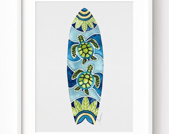Sea Turtle Surfboard Giclee Print, Coastal Watercolor Painting, Surfer Artwork Gift, Sea Turtle Wall Decor, Hawaii Art, Beach House Vibes