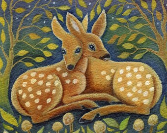 Two Fawns Fine Art print, Woodland Cottagecore Animal Giclee Artwork, Deer and Mushrooms Fairytale Painting, Seasonal Nursery Wall Decor